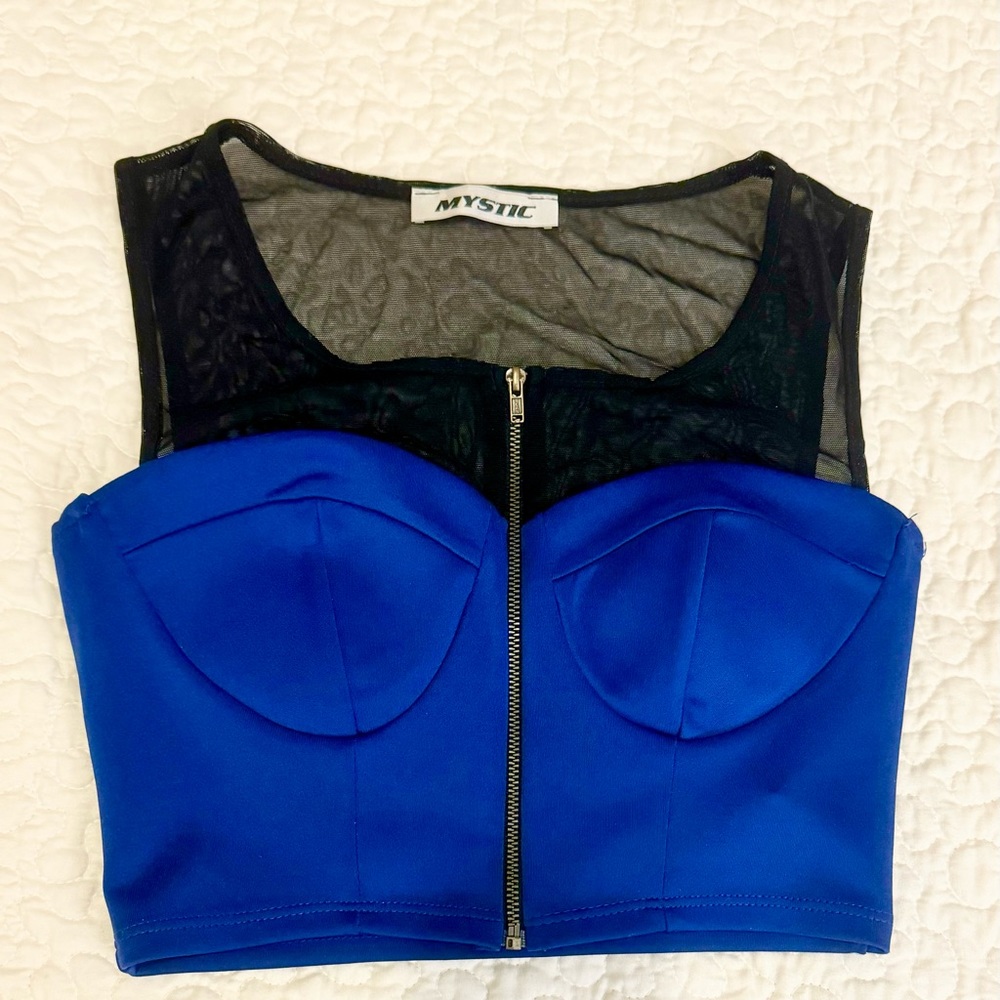 Blue black crop top with mesh upper part